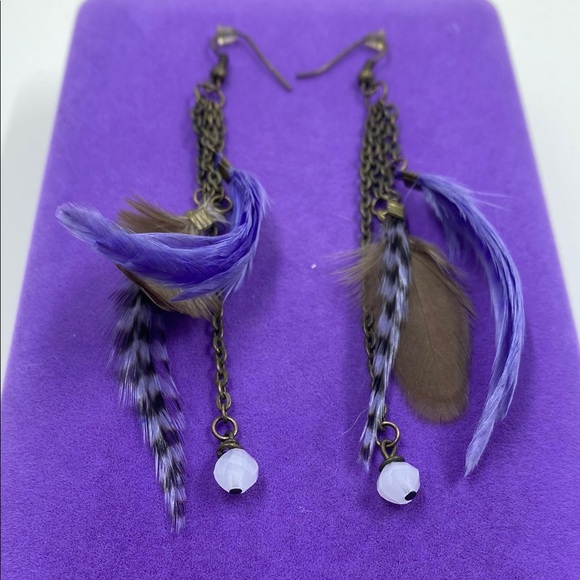 💛 Classic Purple & Brown Feathered Chain Drop Earrings - Picture 2 of 3